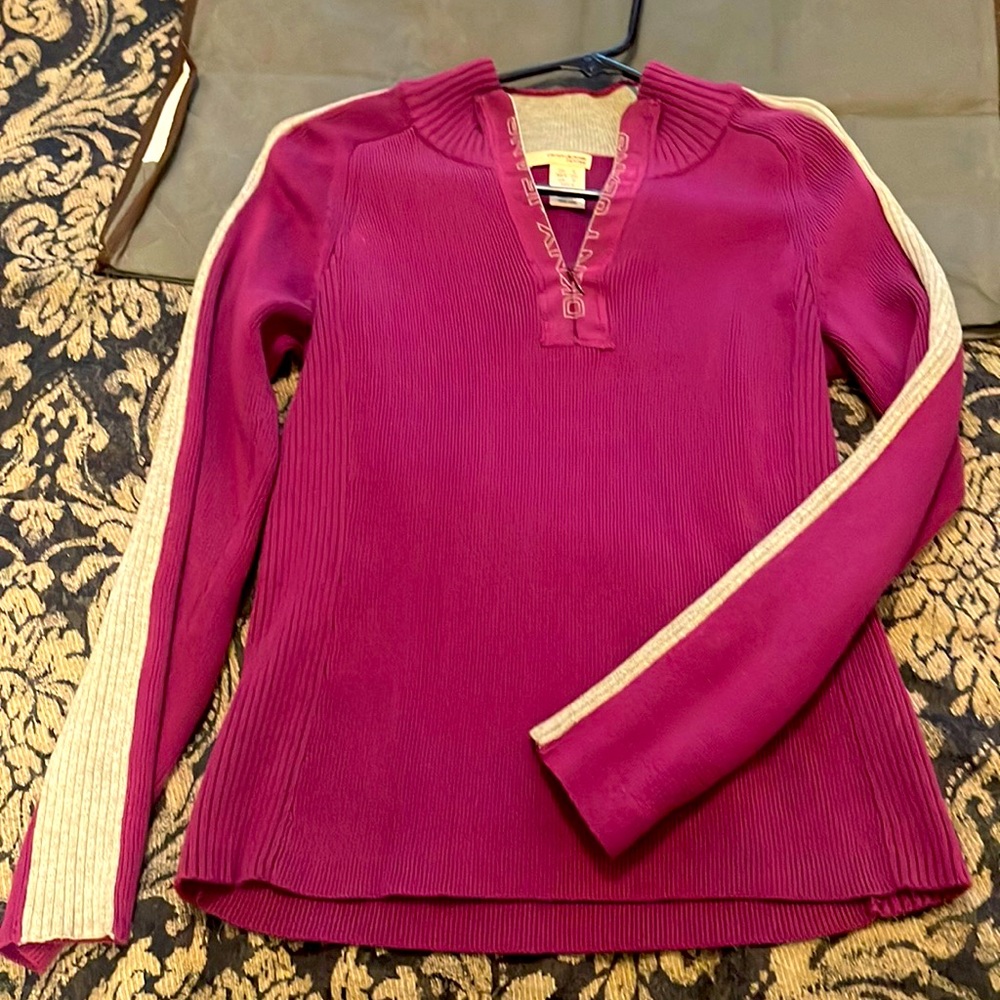 DKNY Jeans sweater, size small. Fuscia w a gray stripe & v-neck w a zipper.